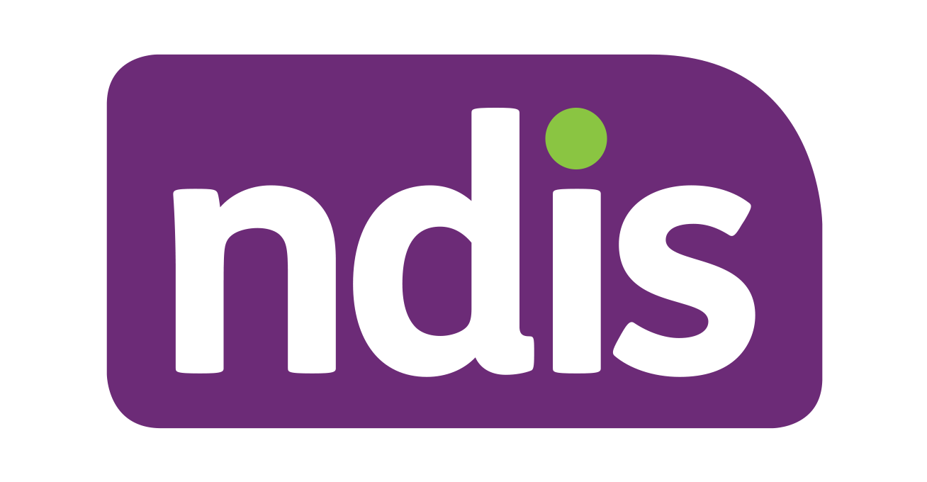 NDIS Logo, white lettering on a purple background with the dot above the i in green